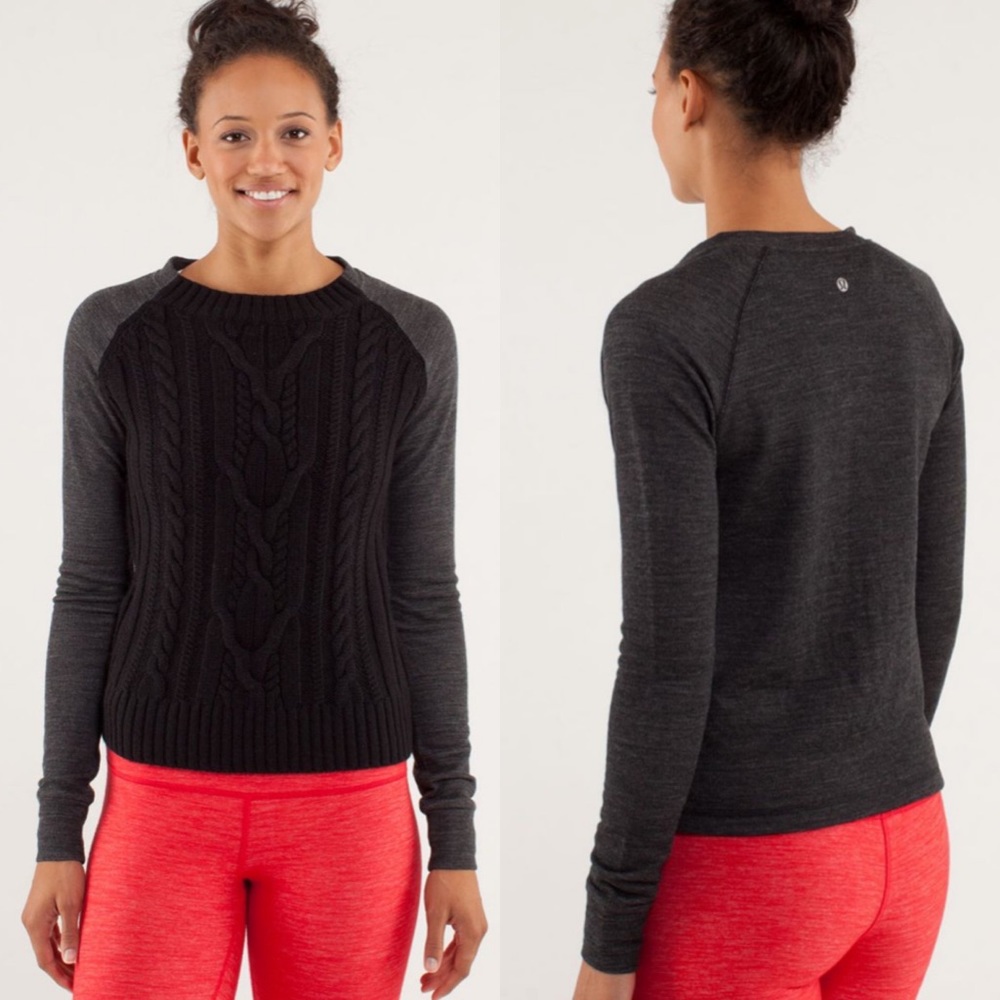 lululemon St. Moritz Cable Knit Sweater Merino Wool Black/Grey Sz6